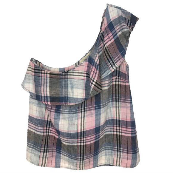 Cloth & Stone Plaid One Shoulder Linen Top Sz Small - Picture 1 of 5